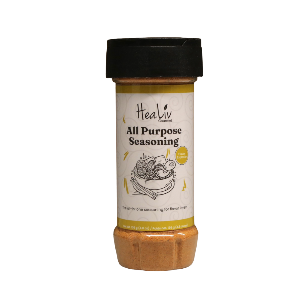 A pack of Healiv Gourmet All Purpose Seasoning, showing an illustration of a bowl filled with various ingredients, highlighted with "Flavor Explosion" text.