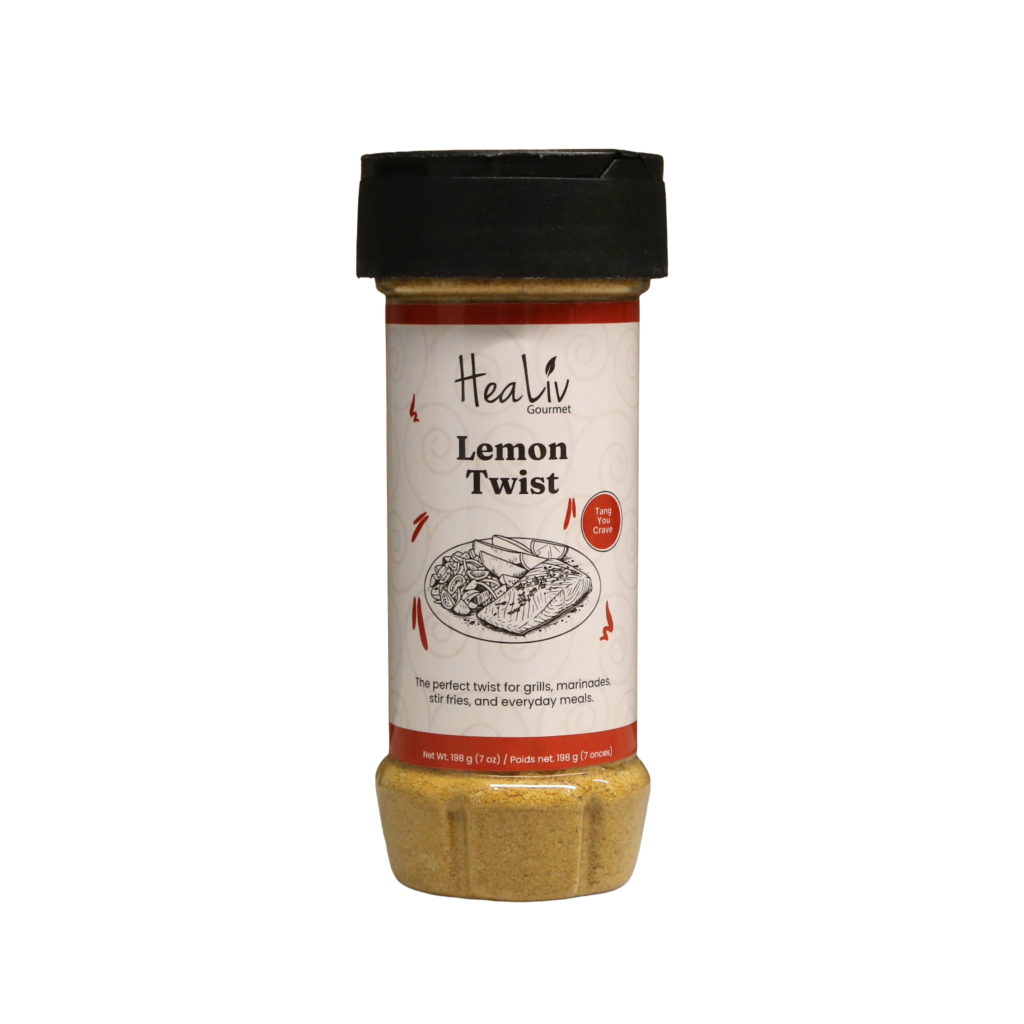 A pack of Healiv Gourmet Lemon Twist Seasoning, with an illustration of grilled fish and lemon slices, featuring "Tang You Crave" in a circular graphic.