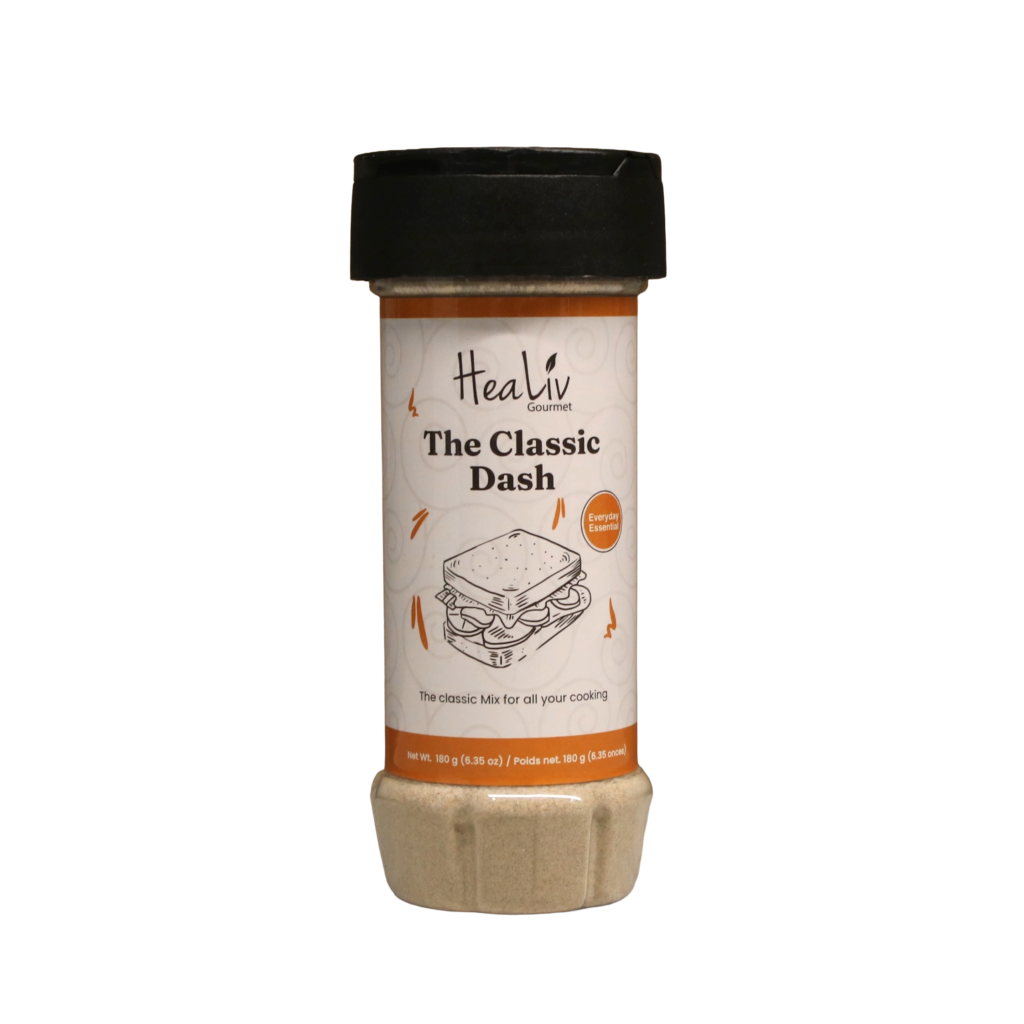 A pack of Healiv Gourmet The Classic Dash seasoning, featuring an illustration of a sandwich, with text describing it as an "Everyday Essential" and "The classic Mix for all your cooking.